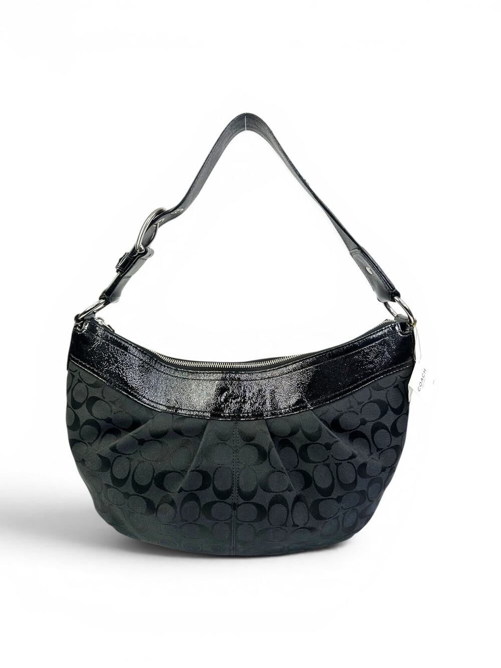 Coach Signature C Black Jacquard Hobo Shoulder Bag Patent Leather Trim